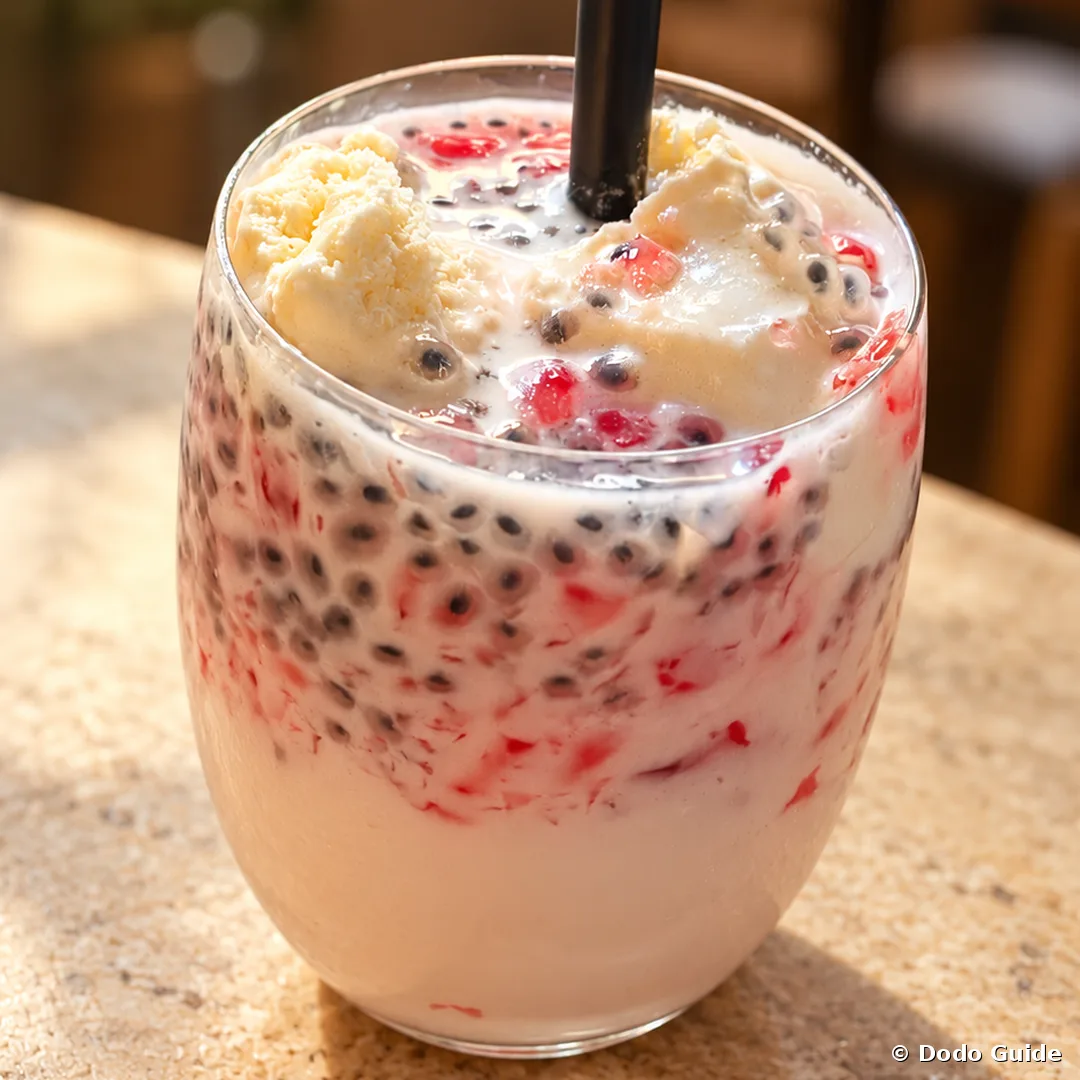 Un vaso de alouda con semillas de albahaca y gelatina rosa
