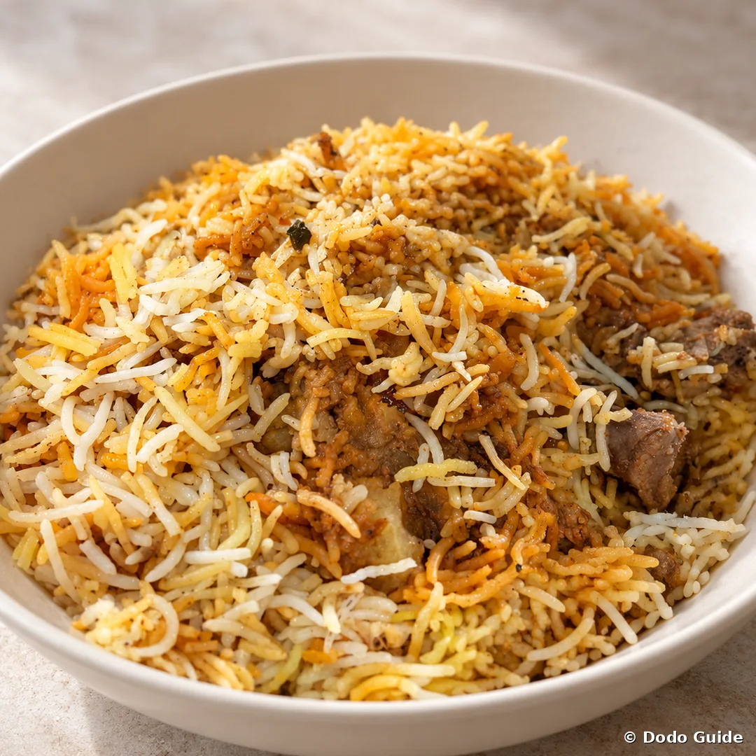 Un plato de briani mauriciano con carne