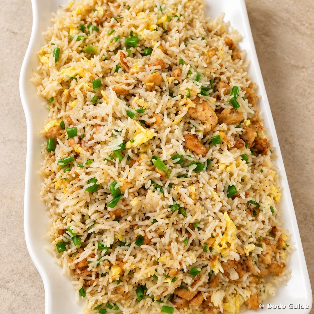 Un plato de diri frir, arroz frito mauriciano con huevo y cebolleta