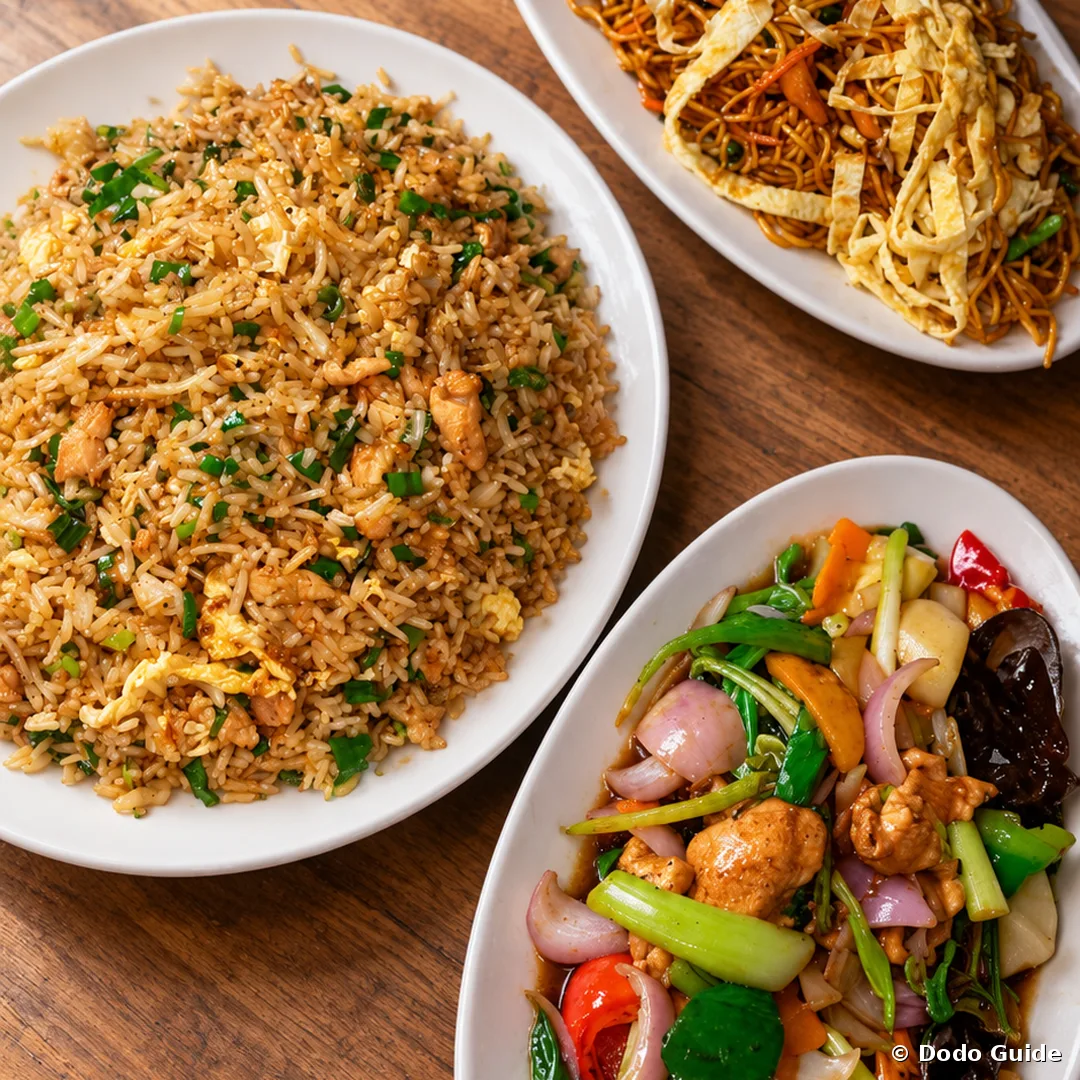 Una mesa chino-mauriciana: arroz frito, pollo con verduras y fideos para compartir